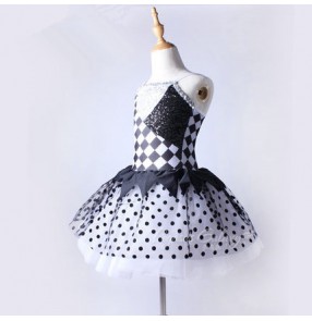 Black and white patchwork plaid polka dot printed sequins girls kids children performance competition professional ballet tu tu skirt dance outfits costumes